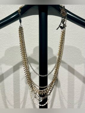 1928 Layered Mixed Metal Multi-Chain Necklace with Floral and Pearl Accents